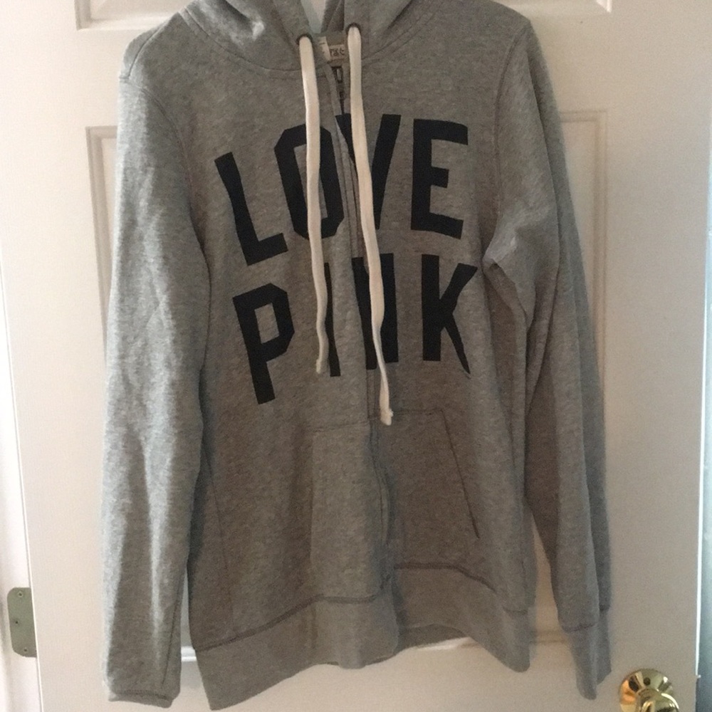 Pink brand heather gray zip up logo hoodie